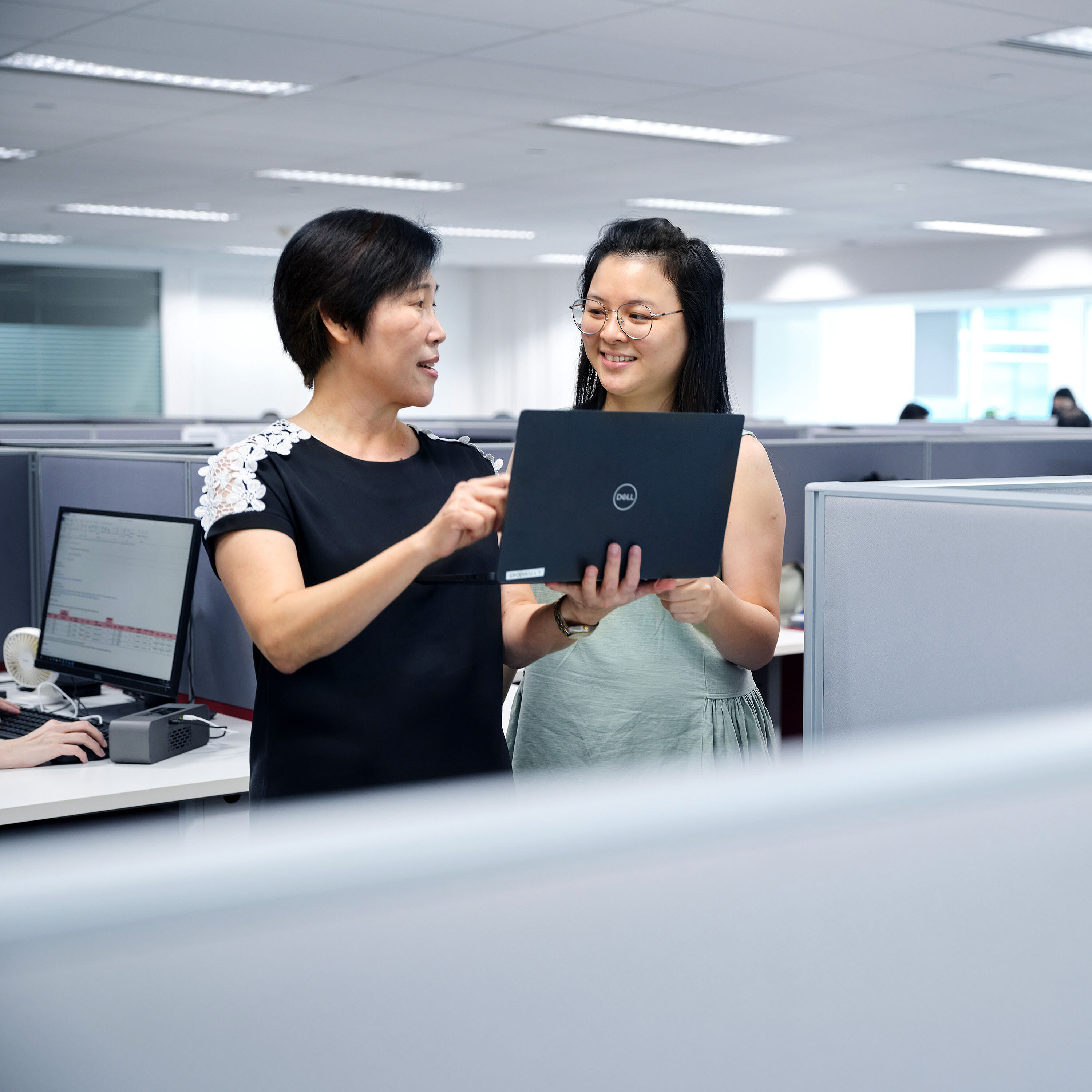 HOYER 同事 检查 审查 笔记本电脑 办公室 两位办公室同事在现代开放办公空间内,通过笔记本电脑共同审阅内容