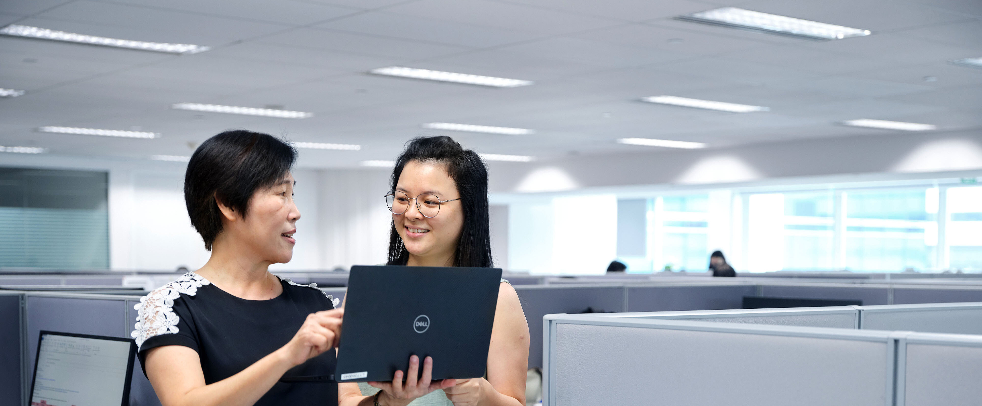 HOYER 同事 检查 审查 笔记本电脑 办公室 两位办公室同事在现代开放办公空间内,通过笔记本电脑共同审阅内容